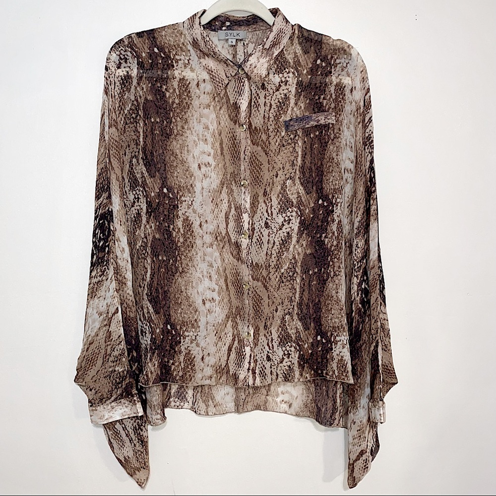 100% silk snake print sheer button up blouse